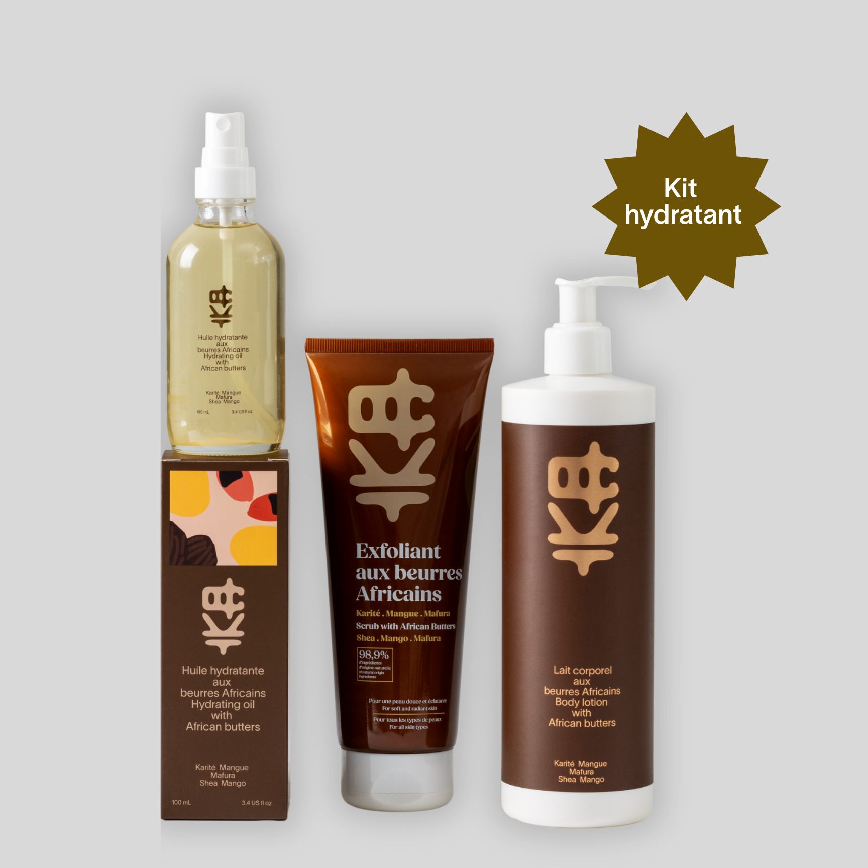 Huile corporelle + lait corporel + exfoliant - (Trio hydratation légère)